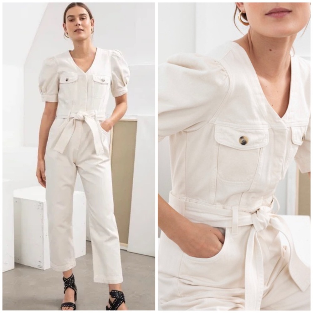 & Other Stories Belted Puff Sleeve Denim Jumpsuit in Cream Size 2 EUC